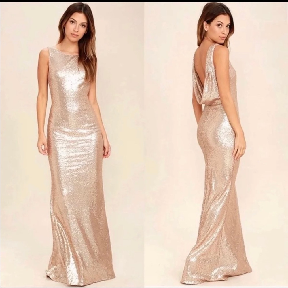 Lulus Slink and Wink Matte Rose Gold Sequin Maxi